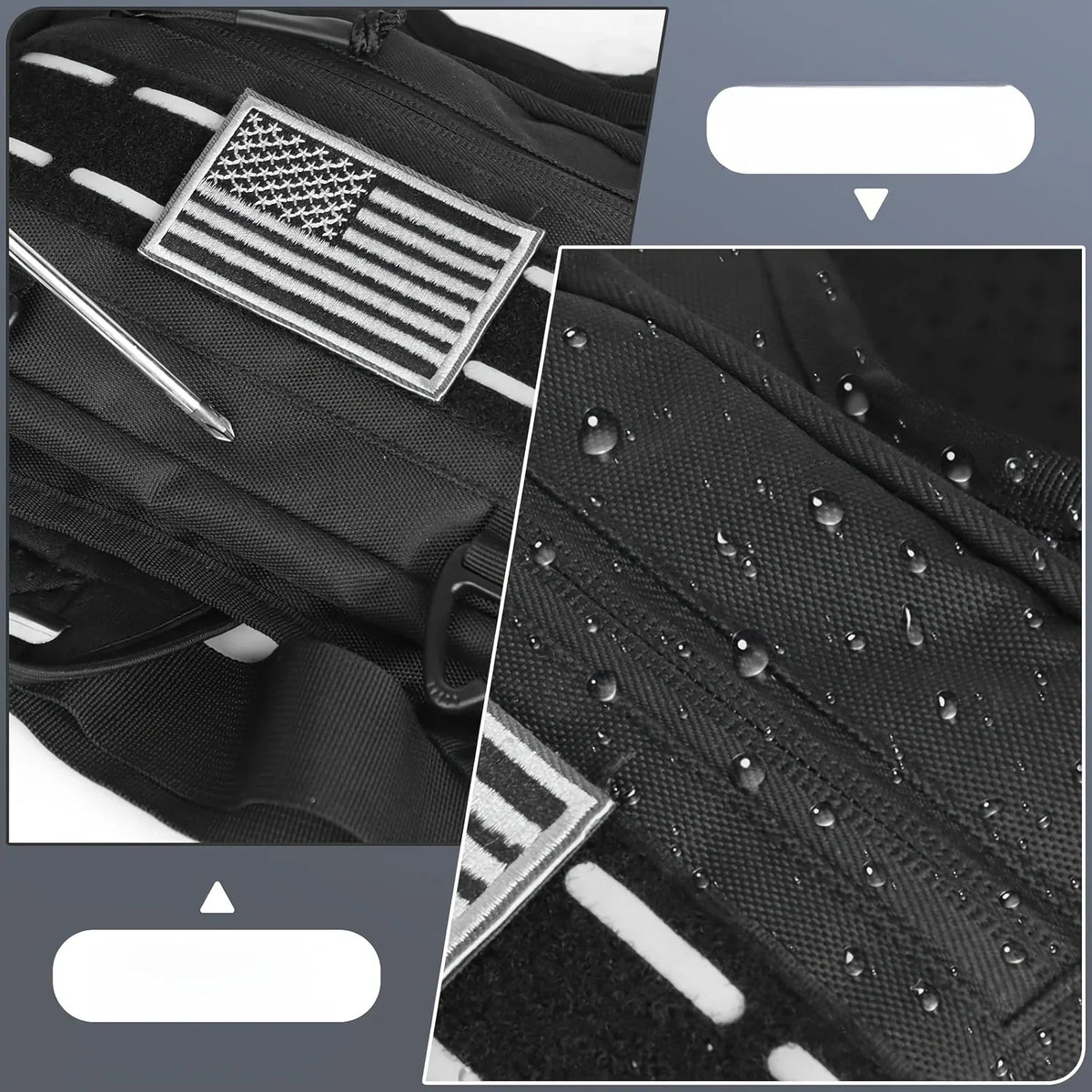 Detailed close-up showing the water-resistant fabric and American flag patch of a black tactical chest bag.