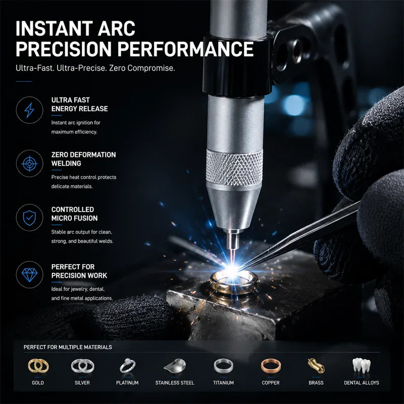 Close-up showing the instant arc precision welding process on a gold ring with a list of compatible metals