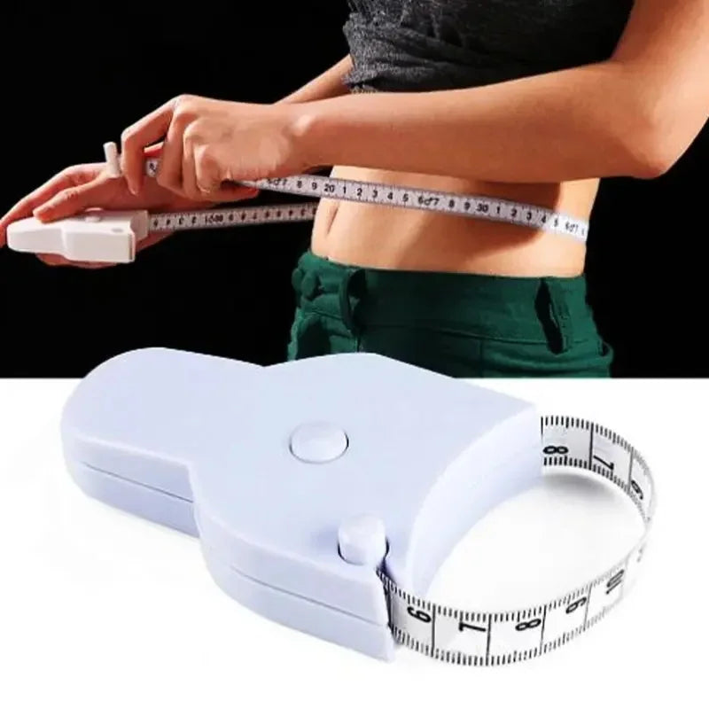 Automatic retractable white measuring tape being used to measure a waist