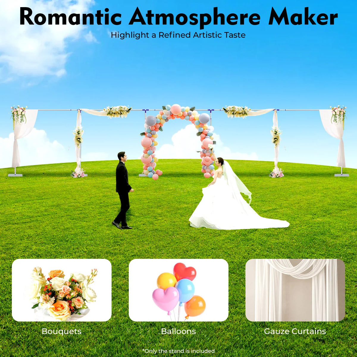 Wedding couple standing in front of a decorative backdrop stand with balloons