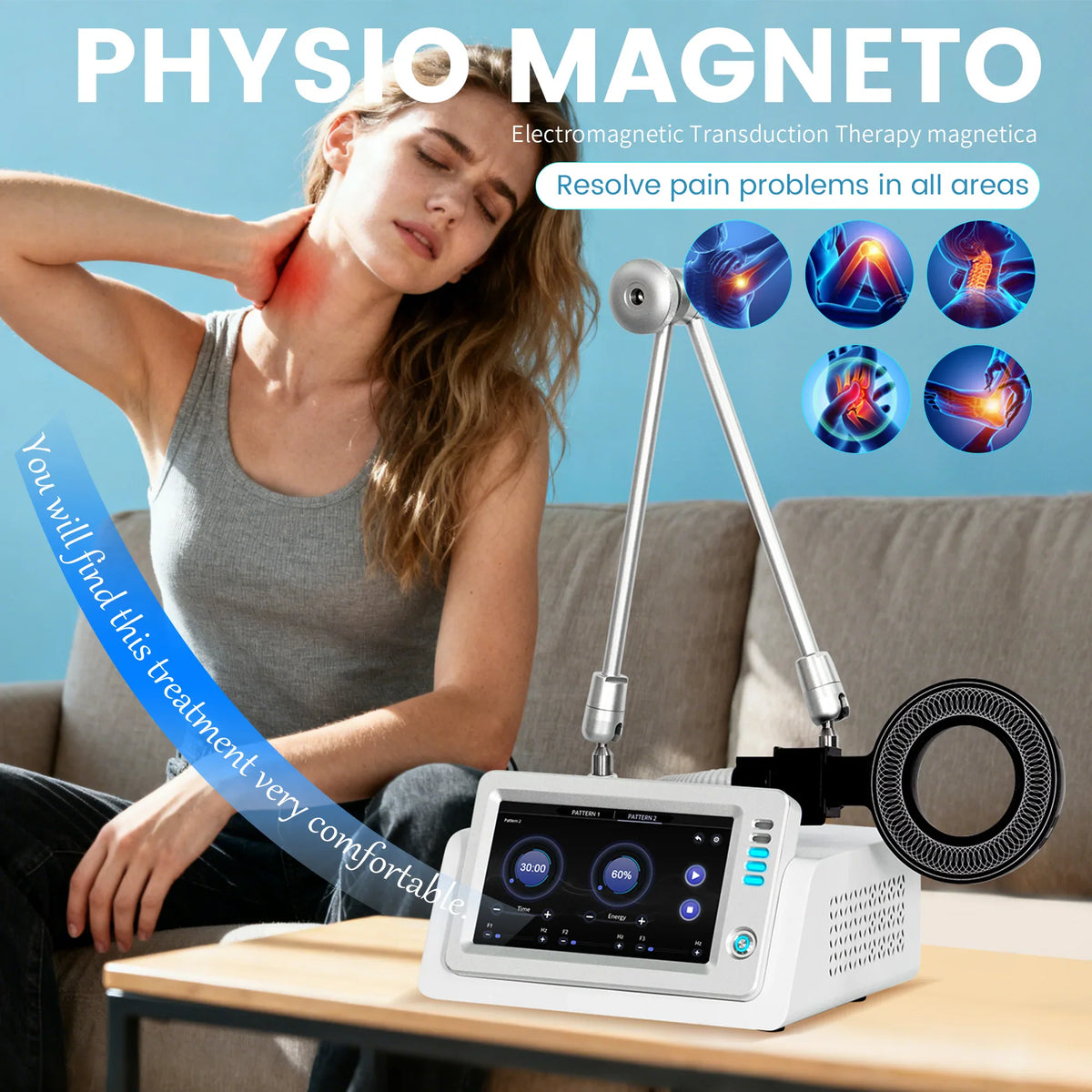 A woman receiving electromagnetic physical therapy treatment on her neck with a specialized machine