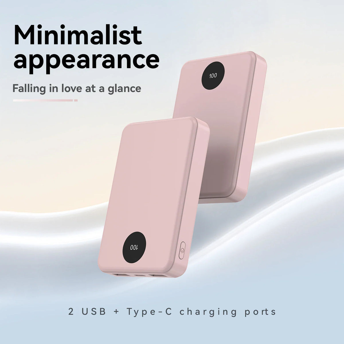 Two pink portable power banks shown with minimalist design features.