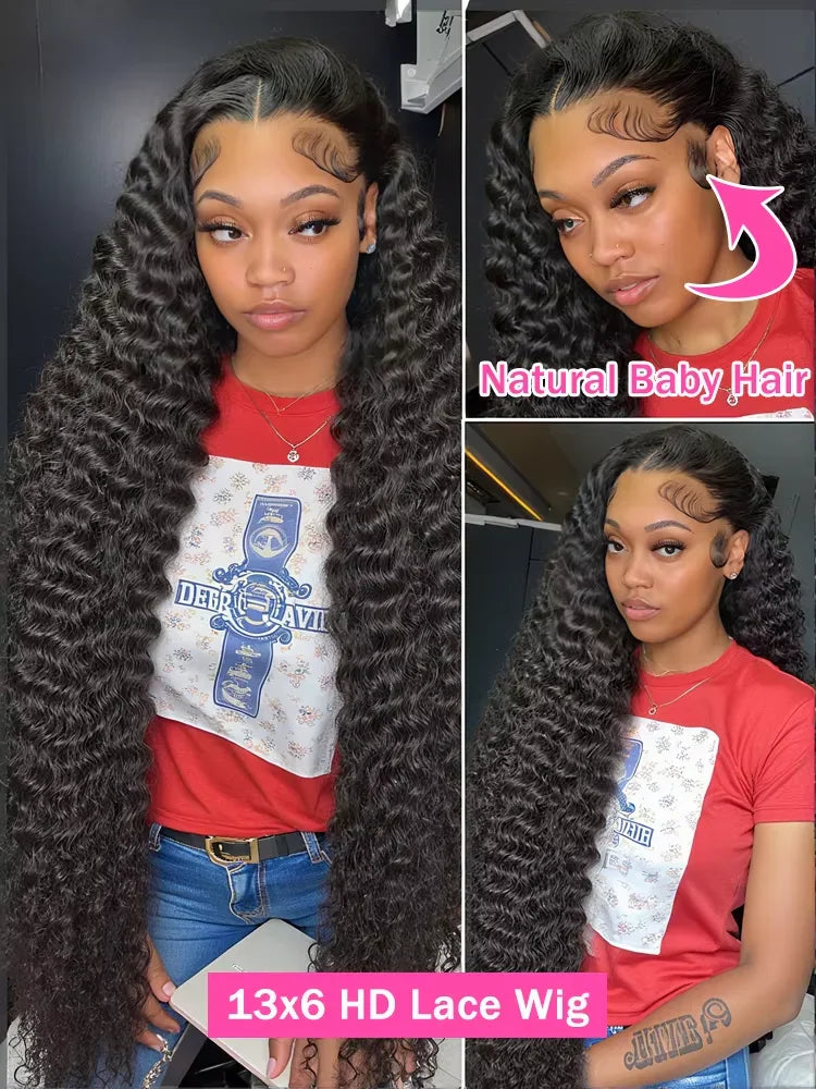 Deep wave human hair wig with lace front on a model wearing a red shirt with baby hair details