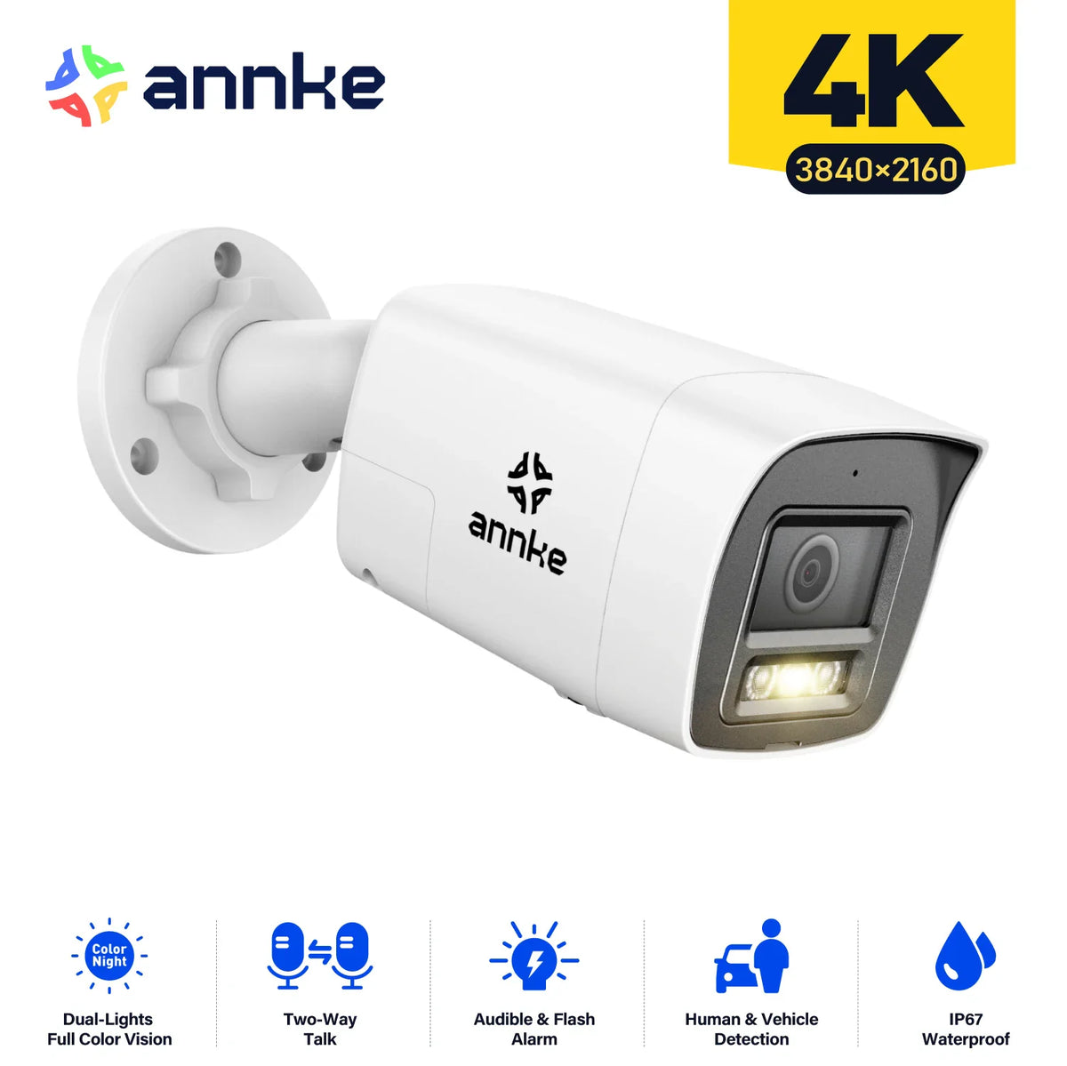 4K bullet security camera with dual light, white housing, wall mount base and feature icons.