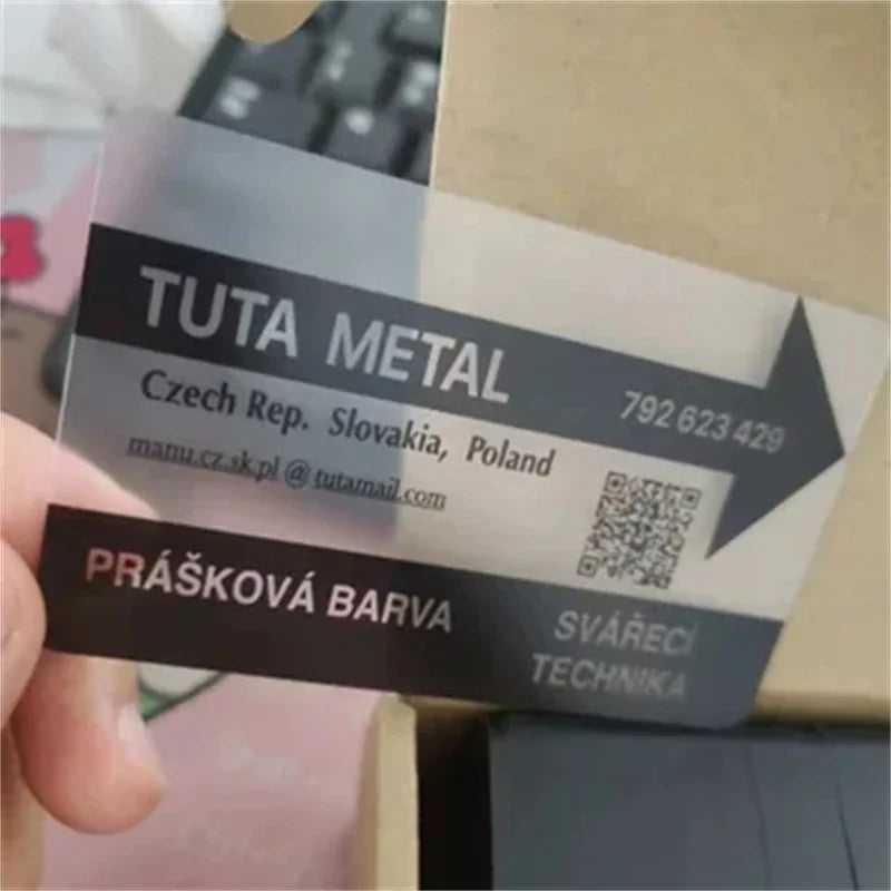 Transparent business card with black header and contact information