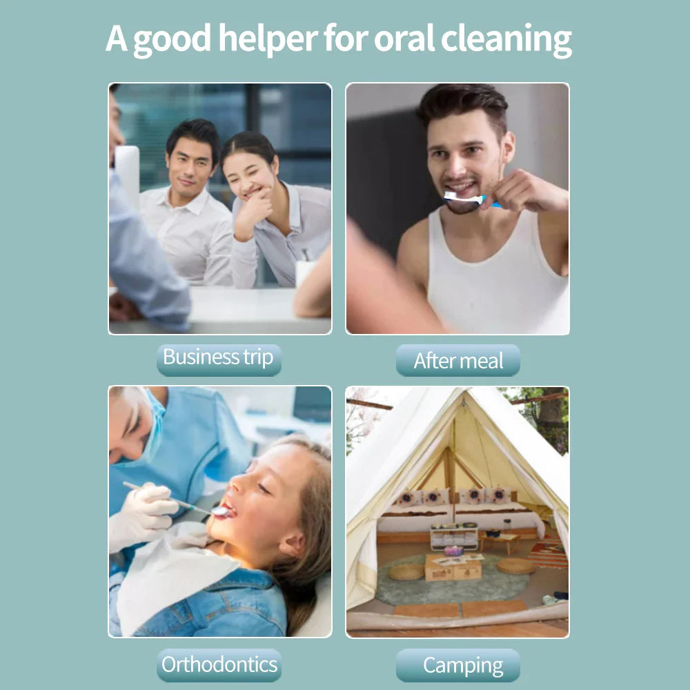 A collage showing people using travel toothbrushes in various settings like business, dining, and camping