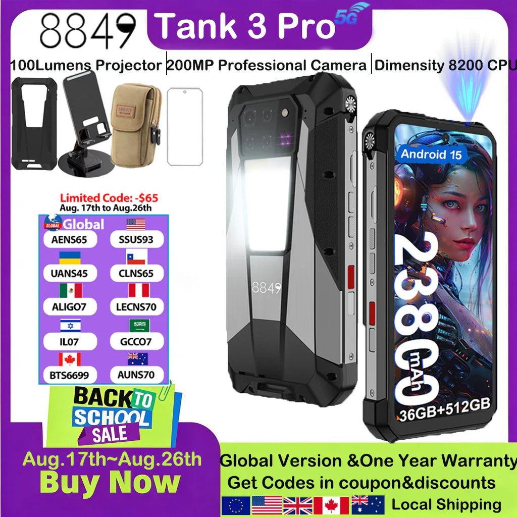 Rugged smartphone with powerful flashlight, dual screen, and included accessories, showcasing battery and camera specs.