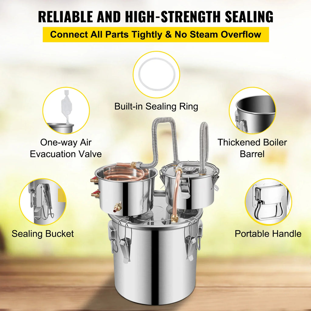 Stainless steel alcohol distiller showing sealing ring and bucket features