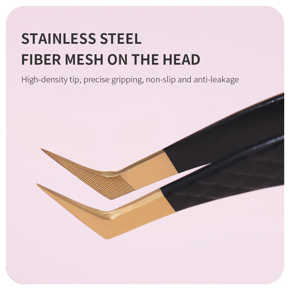 A close up of a curved tip eyelash extension tweezer with a textured fiber mesh grip