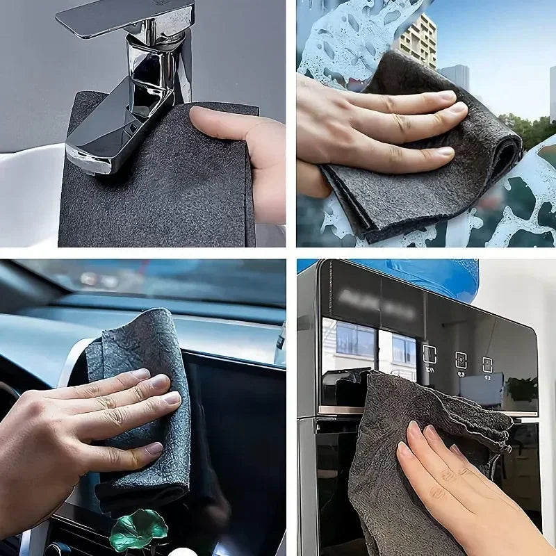 A four-panel collage showing a hand using a grey microfiber cloth to clean a faucet, window, car dashboard, and appliance.