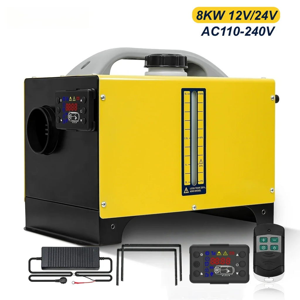All-in-one yellow and black portable diesel air heater with accessories and remote control