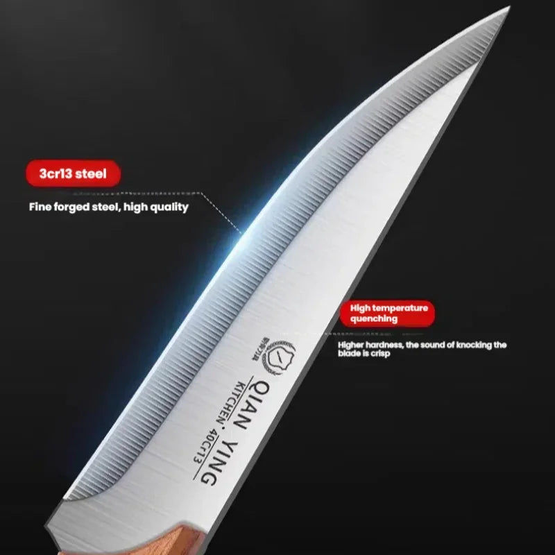 Extreme close-up of a stainless steel knife blade showing forged metal texture
