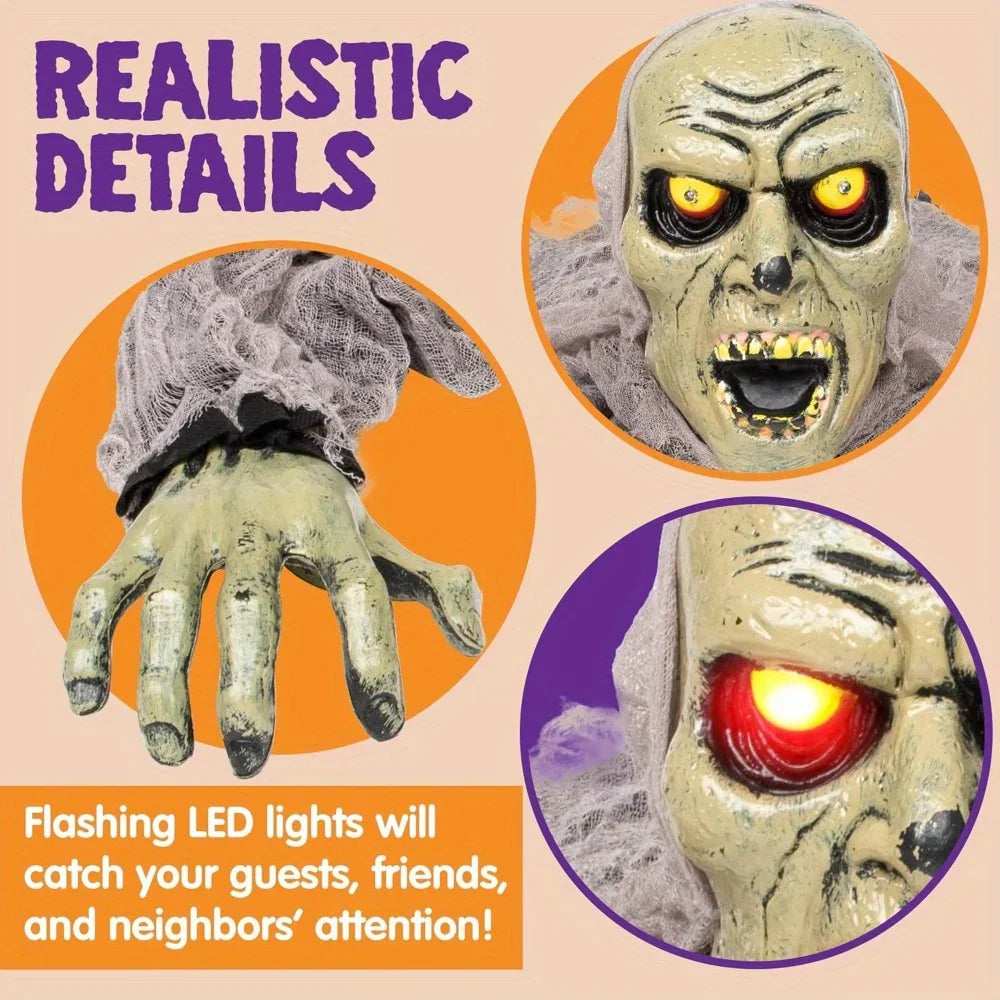 Close-up features of a Halloween groundbreaker zombie with glowing eyes and detailed hands.