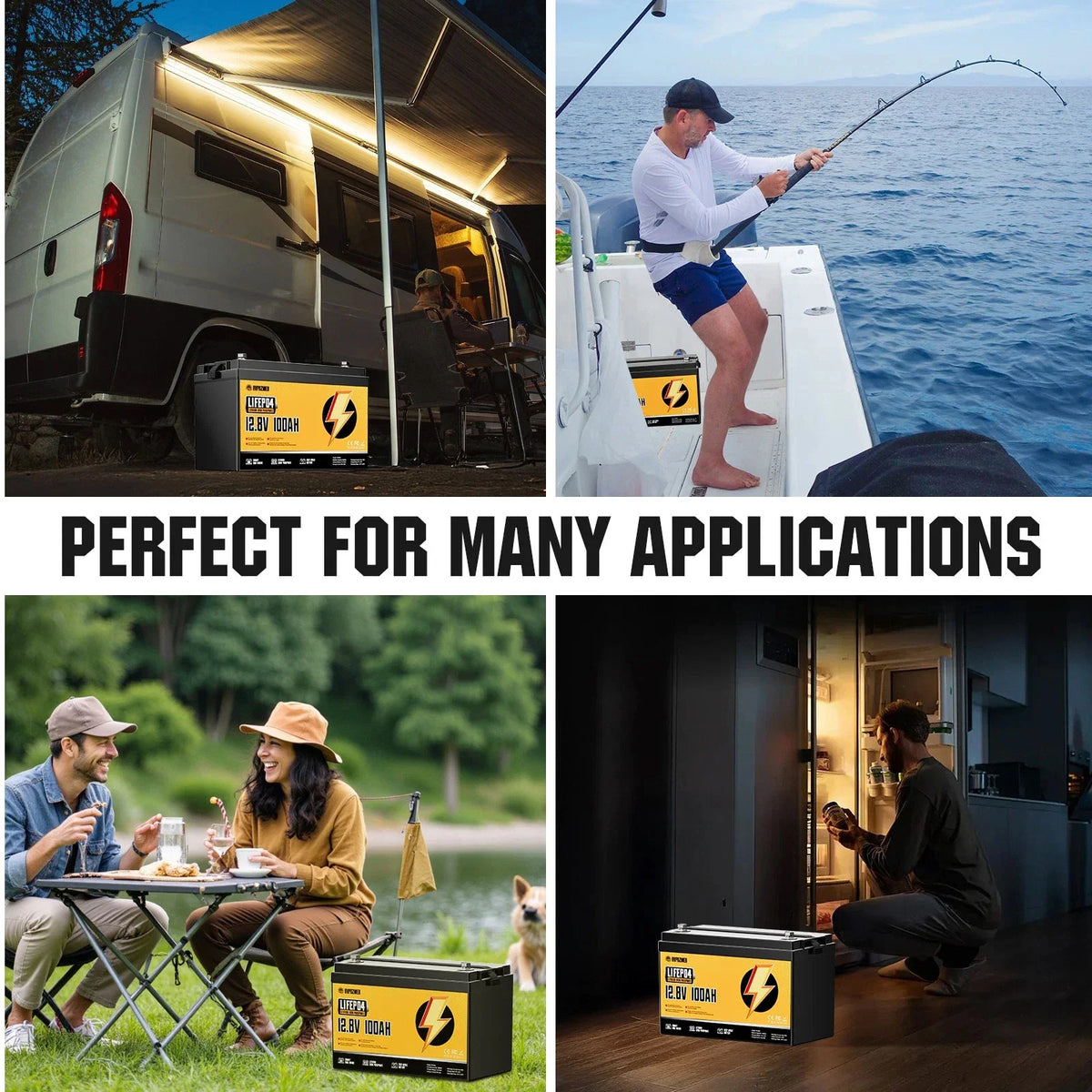 Collage showing a 12.8V 100Ah battery used in an RV, on a boat, camping, and in a home