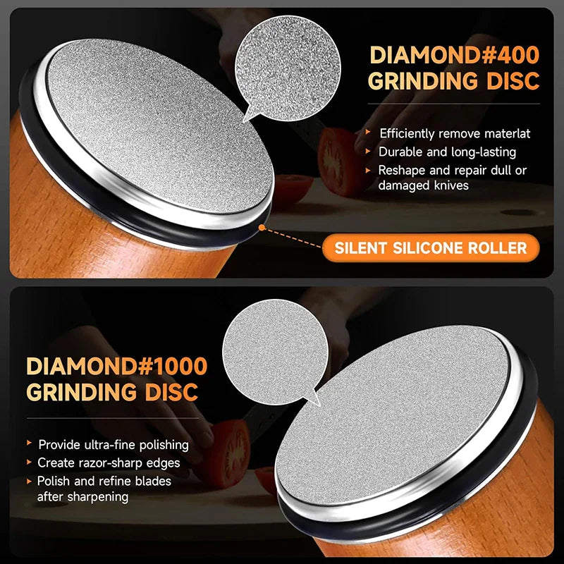 Close up of diamond grinding discs and silicone roller for knife sharpening