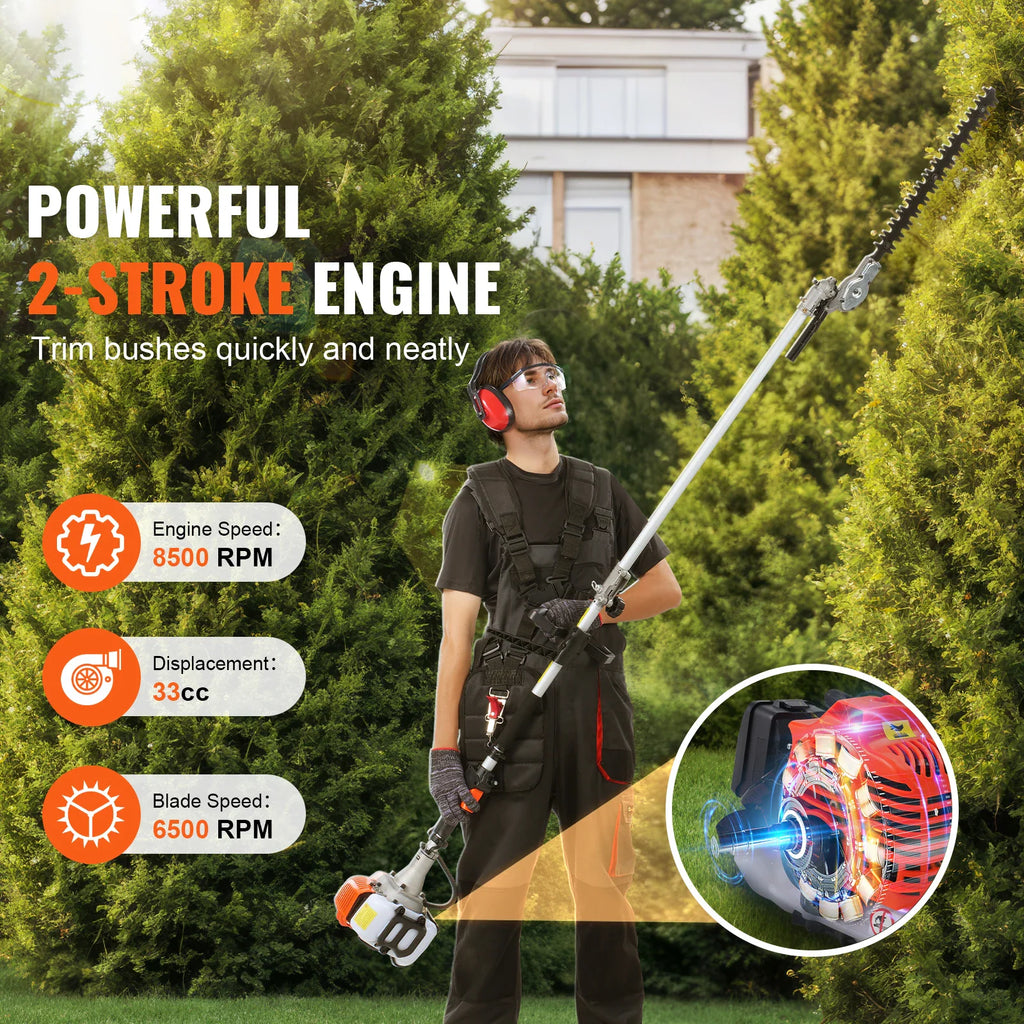 Man using a gas-powered pole trimmer to cut garden hedges