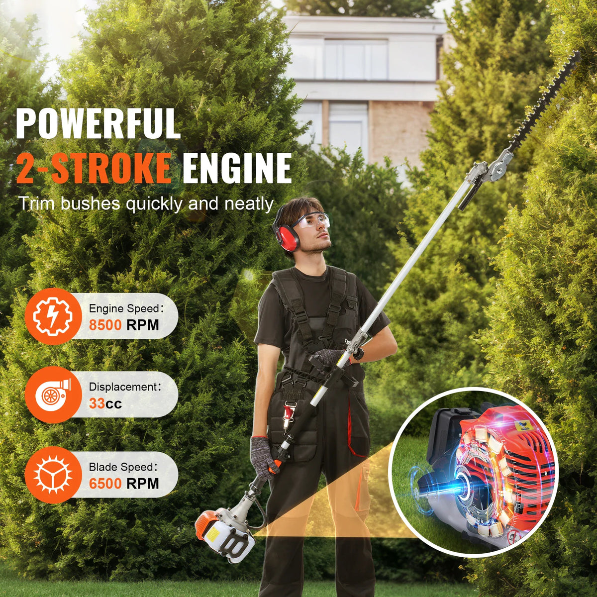 Man using a gas-powered pole trimmer to cut garden hedges