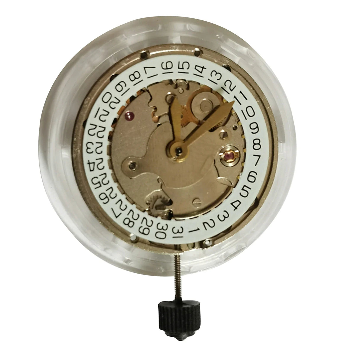 Close up of automatic watch movement replacement part with date display.