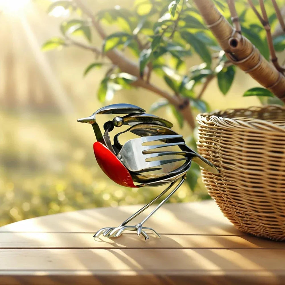 Stainless steel robin figurine made from cutlery standing on a wooden surface next to a small wicker basket