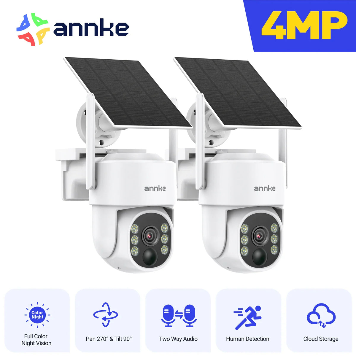 Two white solar-powered security cameras with pan and tilt features