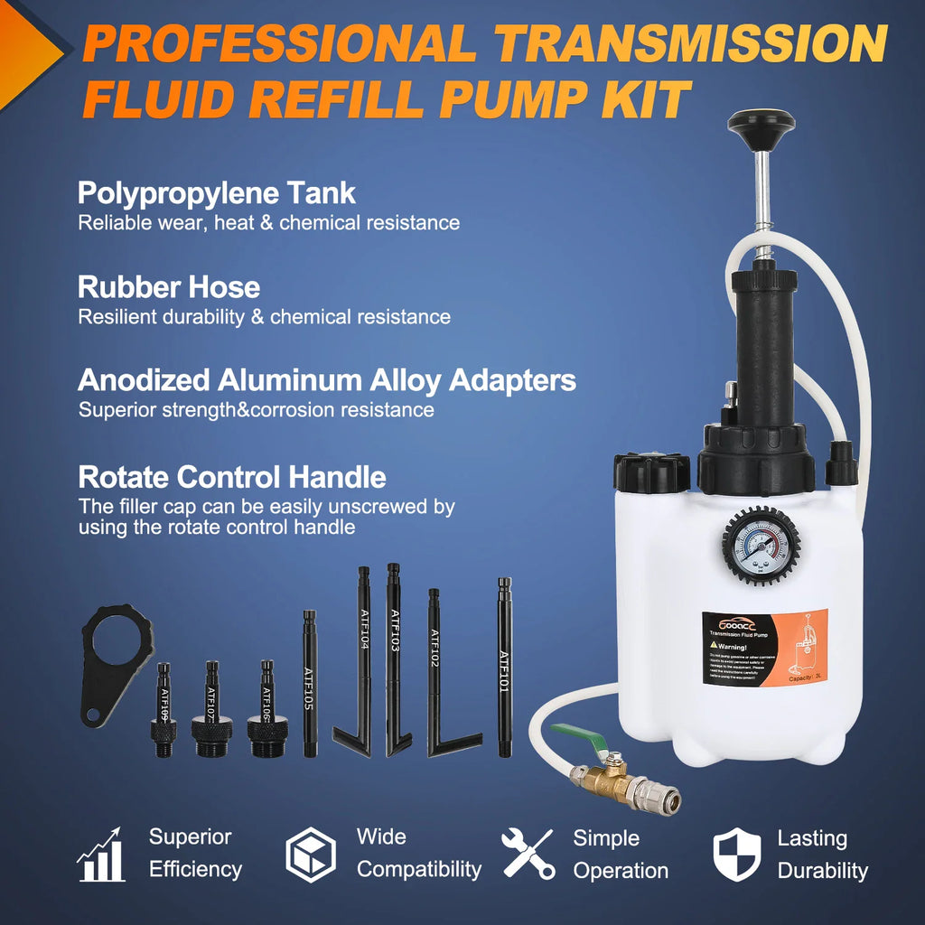 Professional transmission fluid refill pump kit features and parts