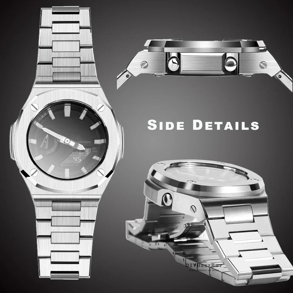Side and front view of a stainless steel watch modification kit