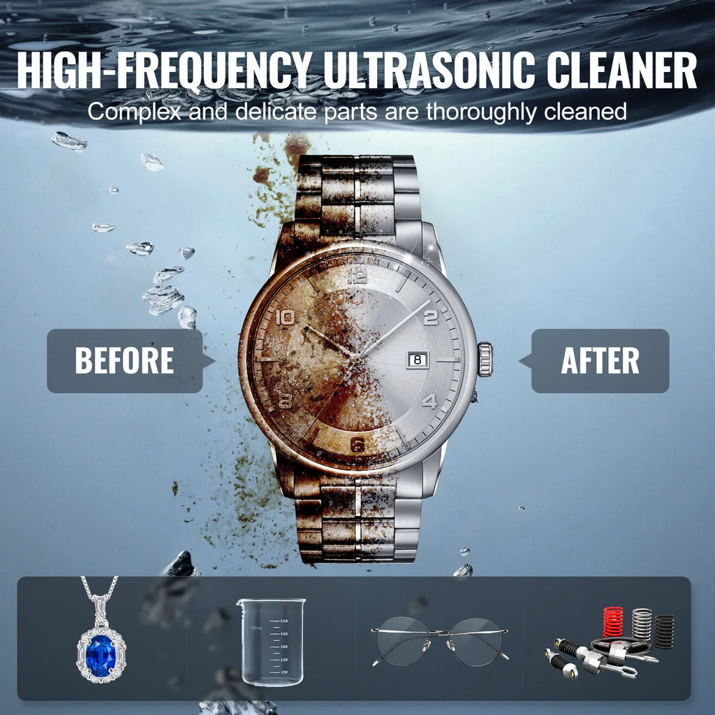 Before and after comparison of a dirty watch cleaned by an ultrasonic cleaner, showing jewelry and glasses.