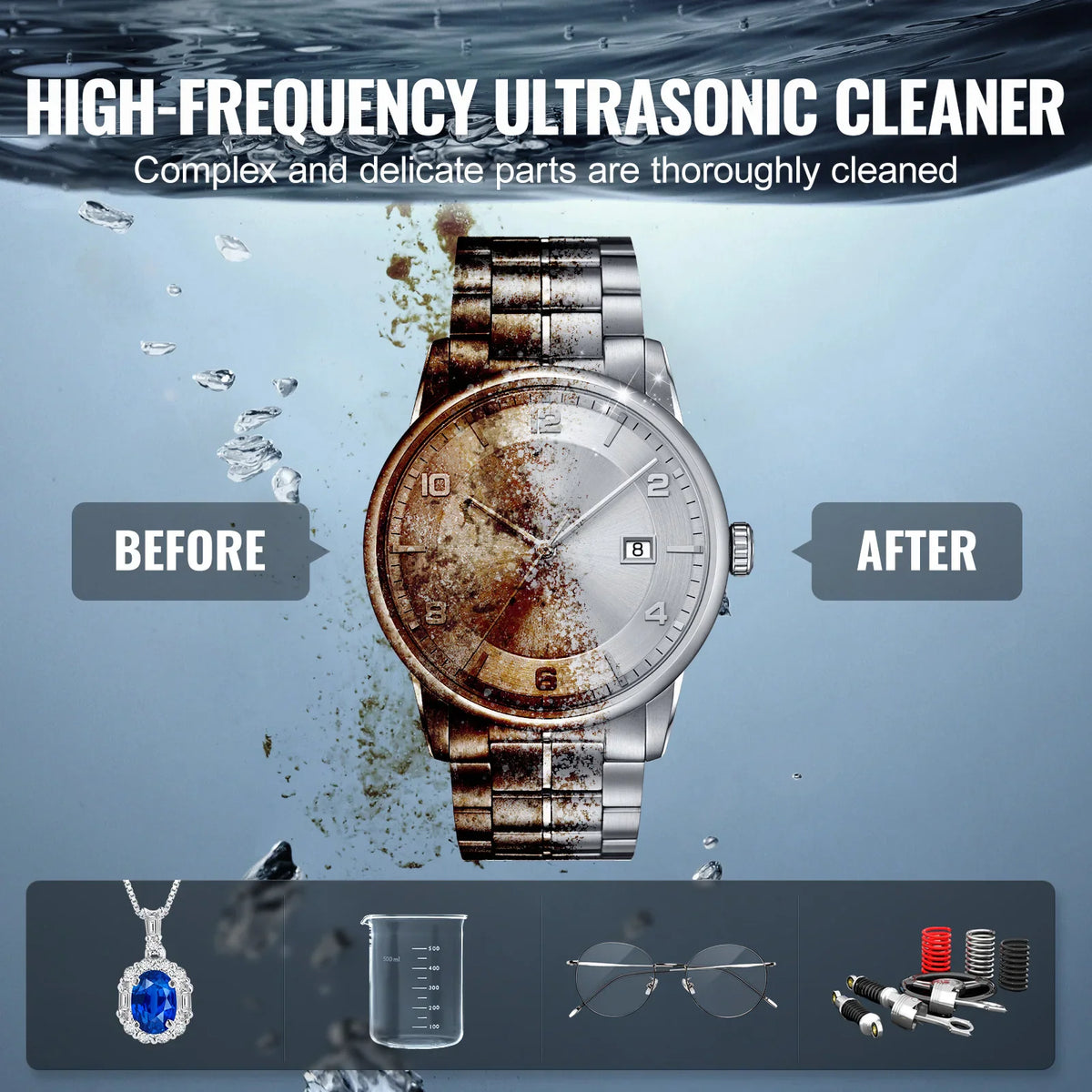 Before and after comparison of a dirty watch cleaned by an ultrasonic cleaner, showing jewelry and glasses.
