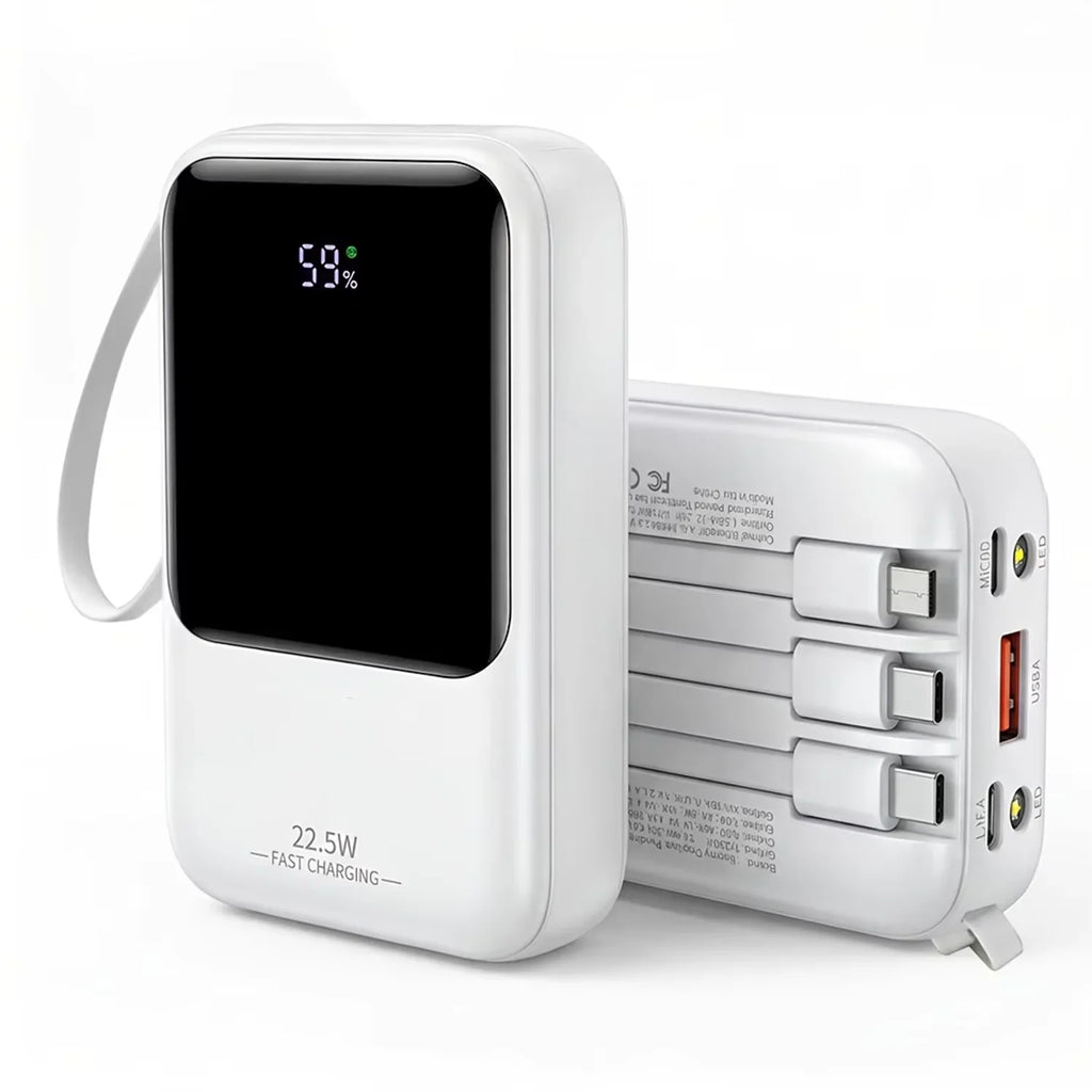 White portable power bank with digital display, fast charging labels, and built-in cables on the back.