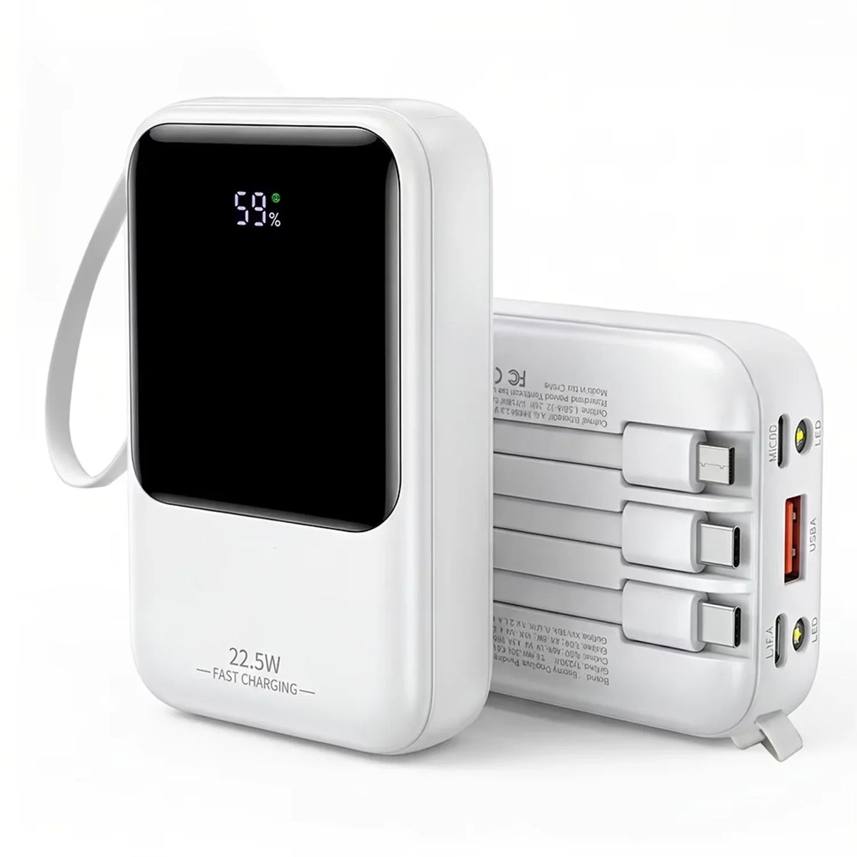 White portable power bank with digital display, fast charging labels, and built-in cables on the back.