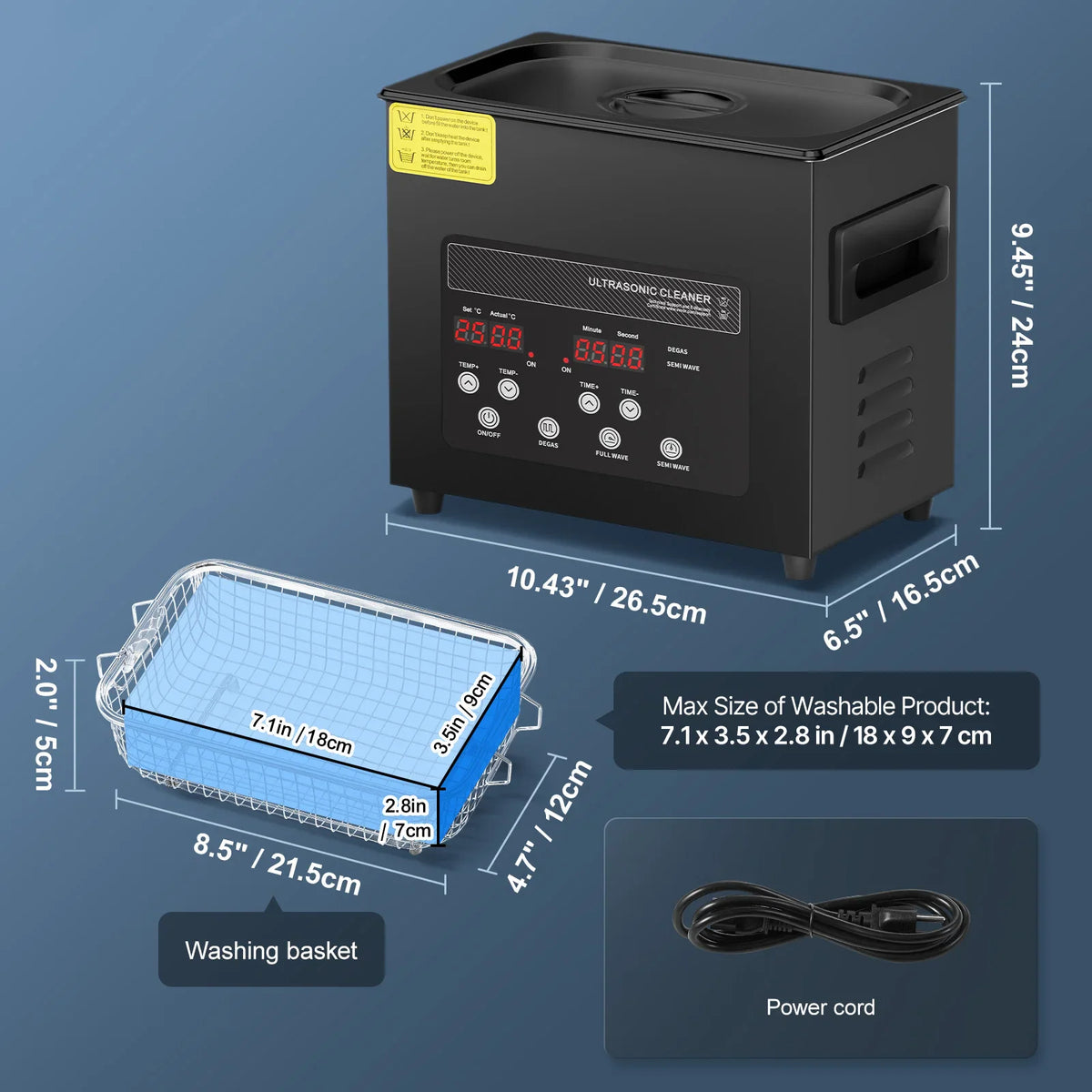 Dimensions and specifications of the ultrasonic cleaner and its stainless steel basket.