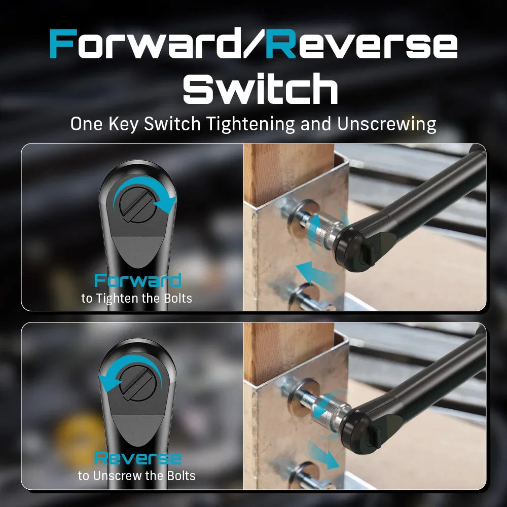 Demonstration of the forward and reverse switch mechanism on an electric ratchet wrench for tightening and loosening bolts.