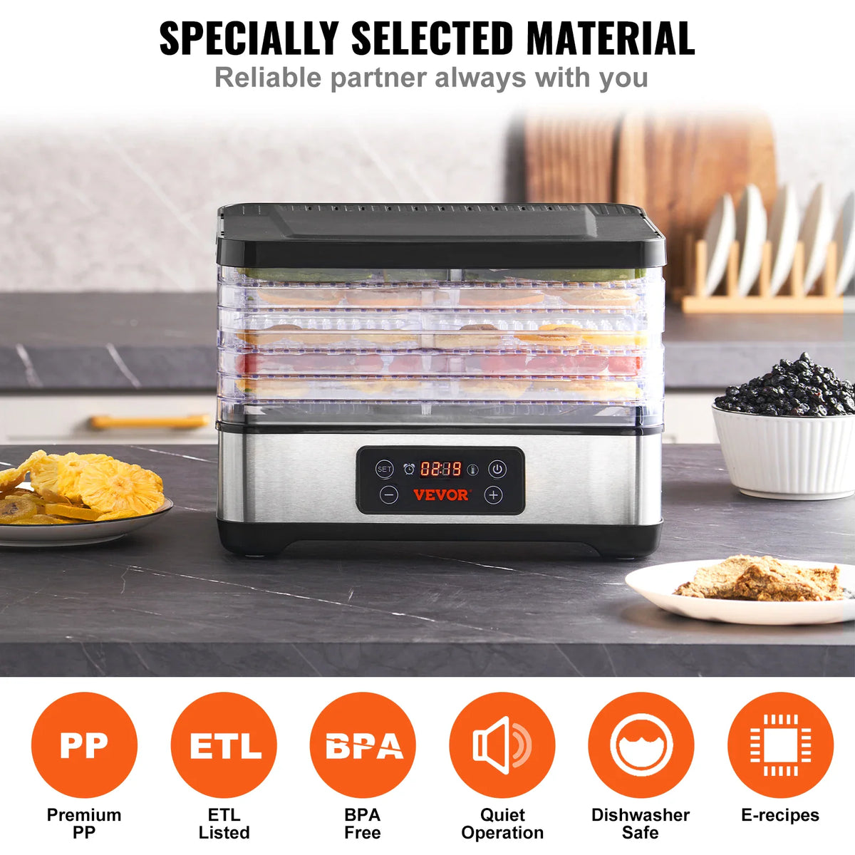 Food dehydrator machine features icons for BPA free material, dishwasher safe parts, and quiet operation