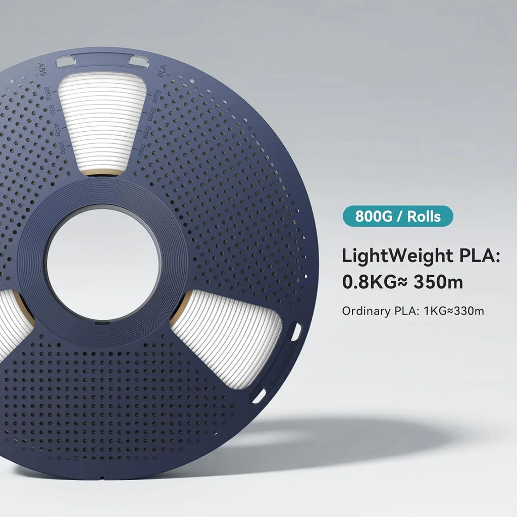 Spool of white 3D printing filament showing product specifications and weight.