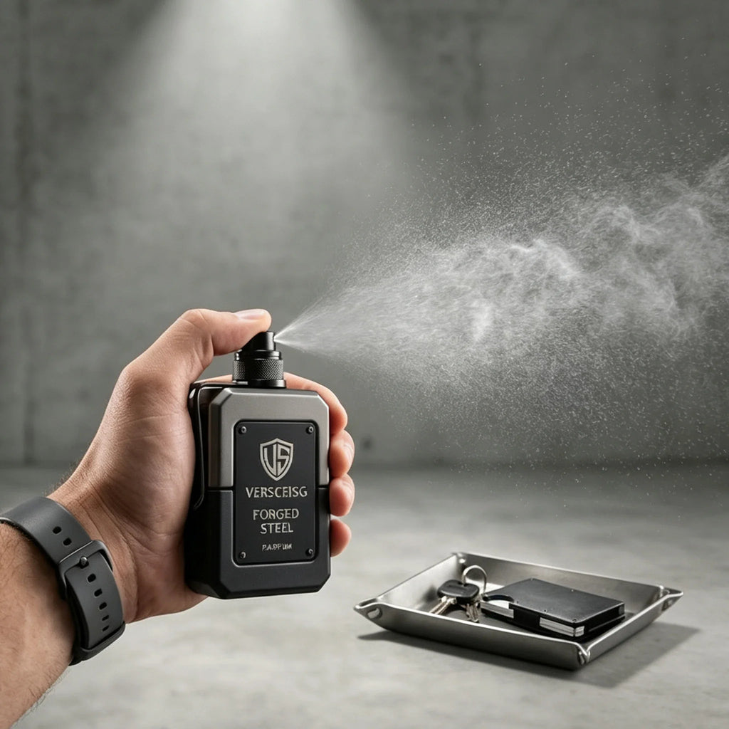 A hand spraying a bottle of men's cologne with a mist effect against a grey background.