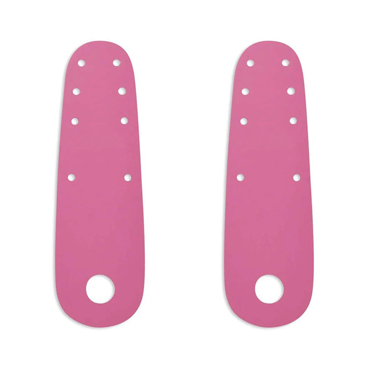 A pair of pink leather roller skate toe guards with lace holes.