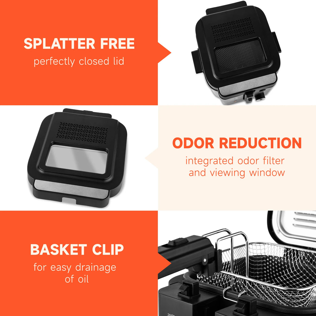 Deep fryer features showing splatter-free lid, odor reduction, and basket clip.