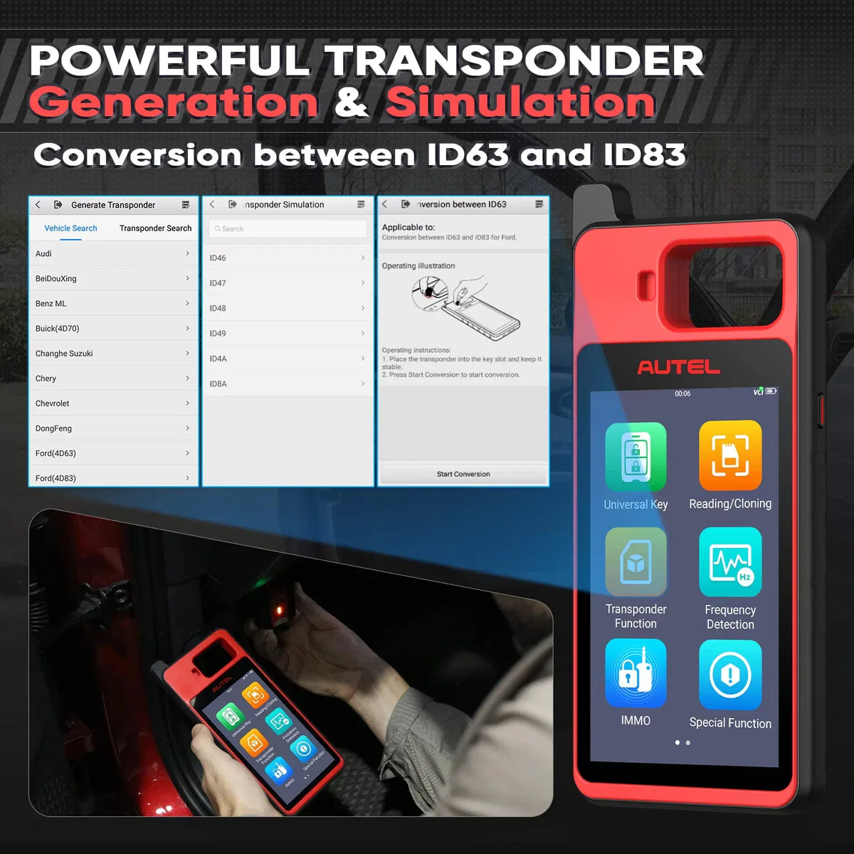 Handheld tablet showing transponder generation and simulation menus for various vehicle brands.