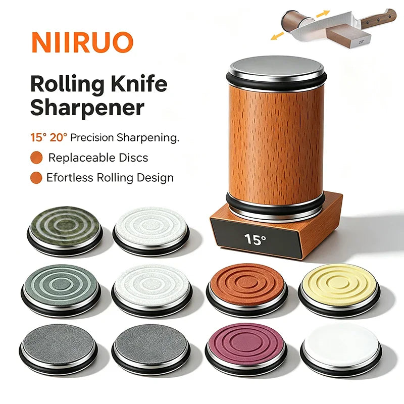 Rolling knife sharpener with various replacement grinding discs and magnetic base