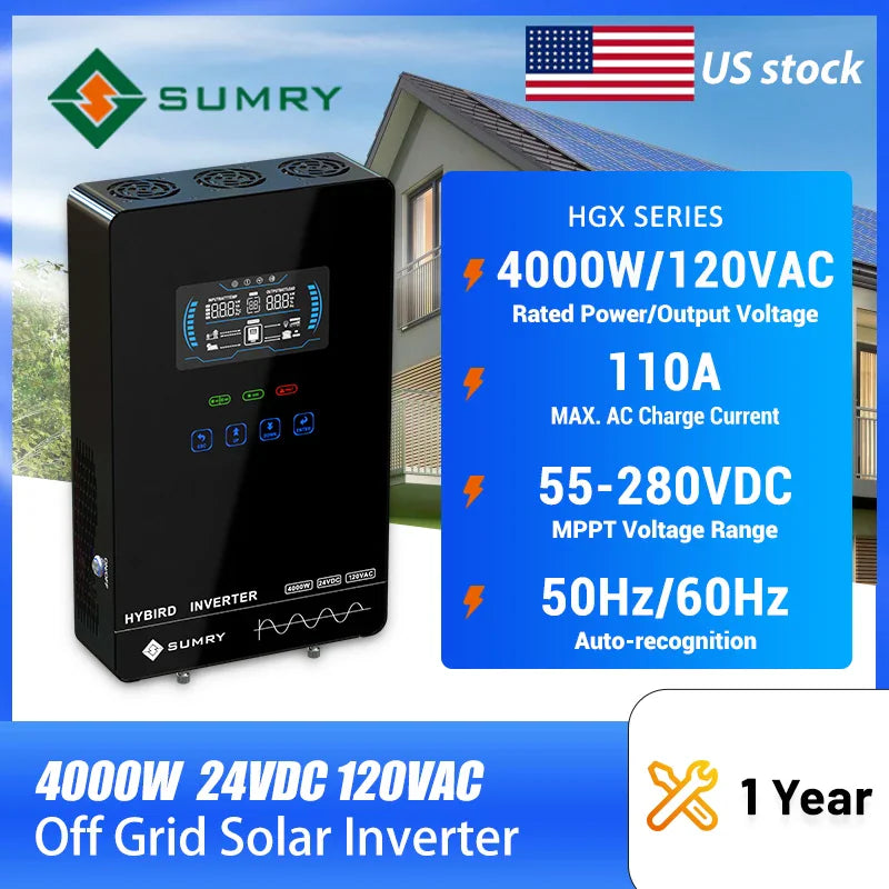 4000W hybrid solar inverter with digital display screen and specifications summary.