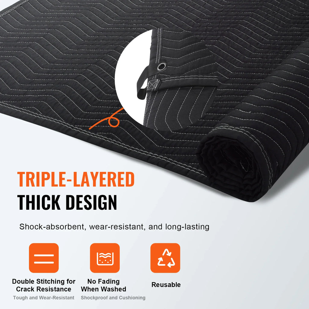 Close-up of a thick black sound-dampening blanket highlighting its layered design and durability features