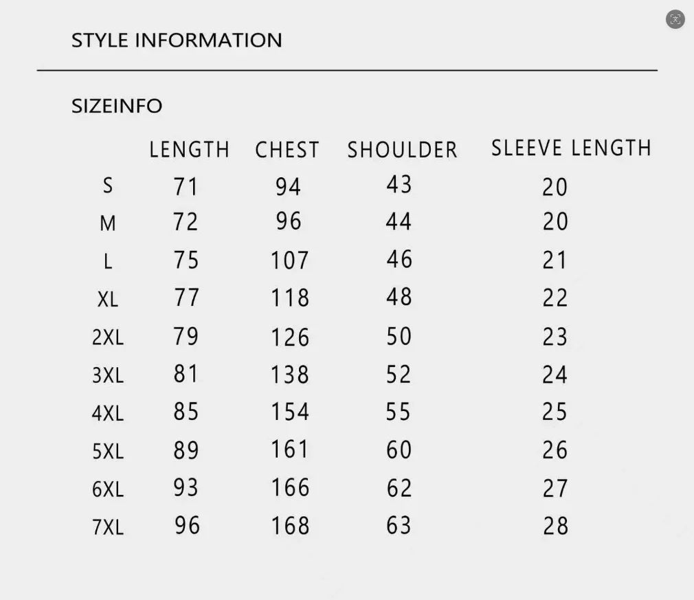 A size chart for t-shirts listing length, chest, shoulder, and sleeve measurements for sizes S to 7XL.