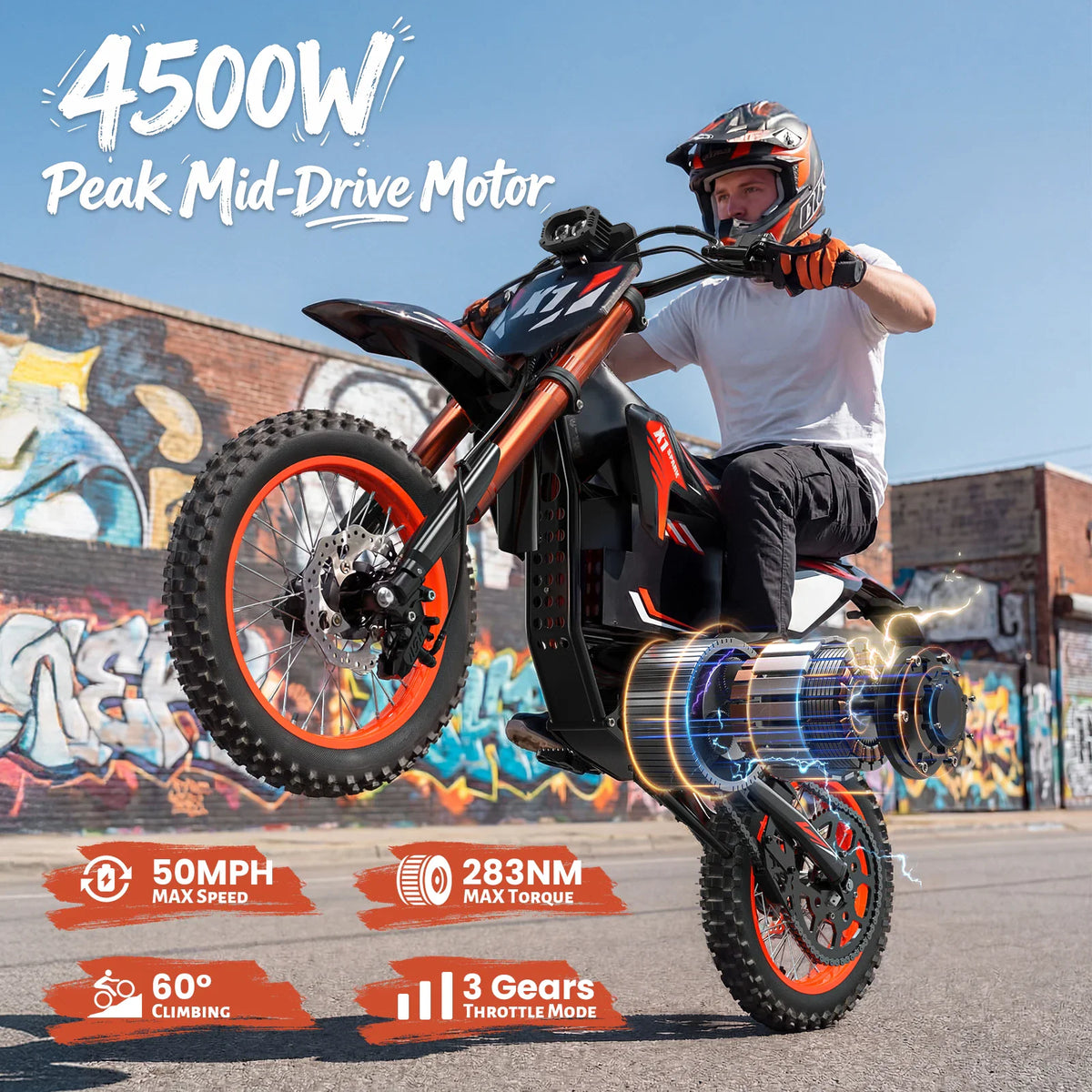 Person riding an electric dirt bike on a street with city backdrop