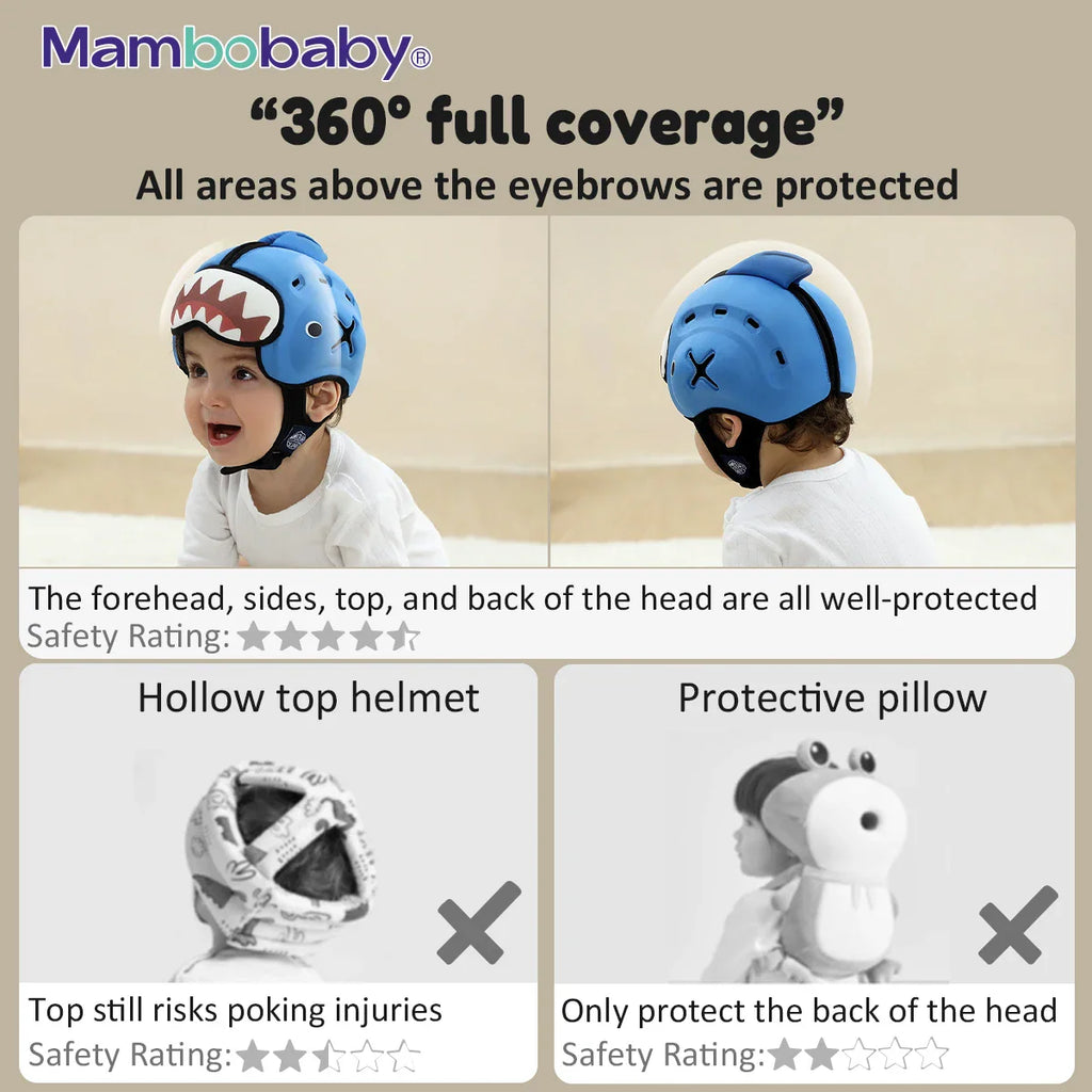 Protective baby helmet with 360-degree coverage comparing features to other head guard types
