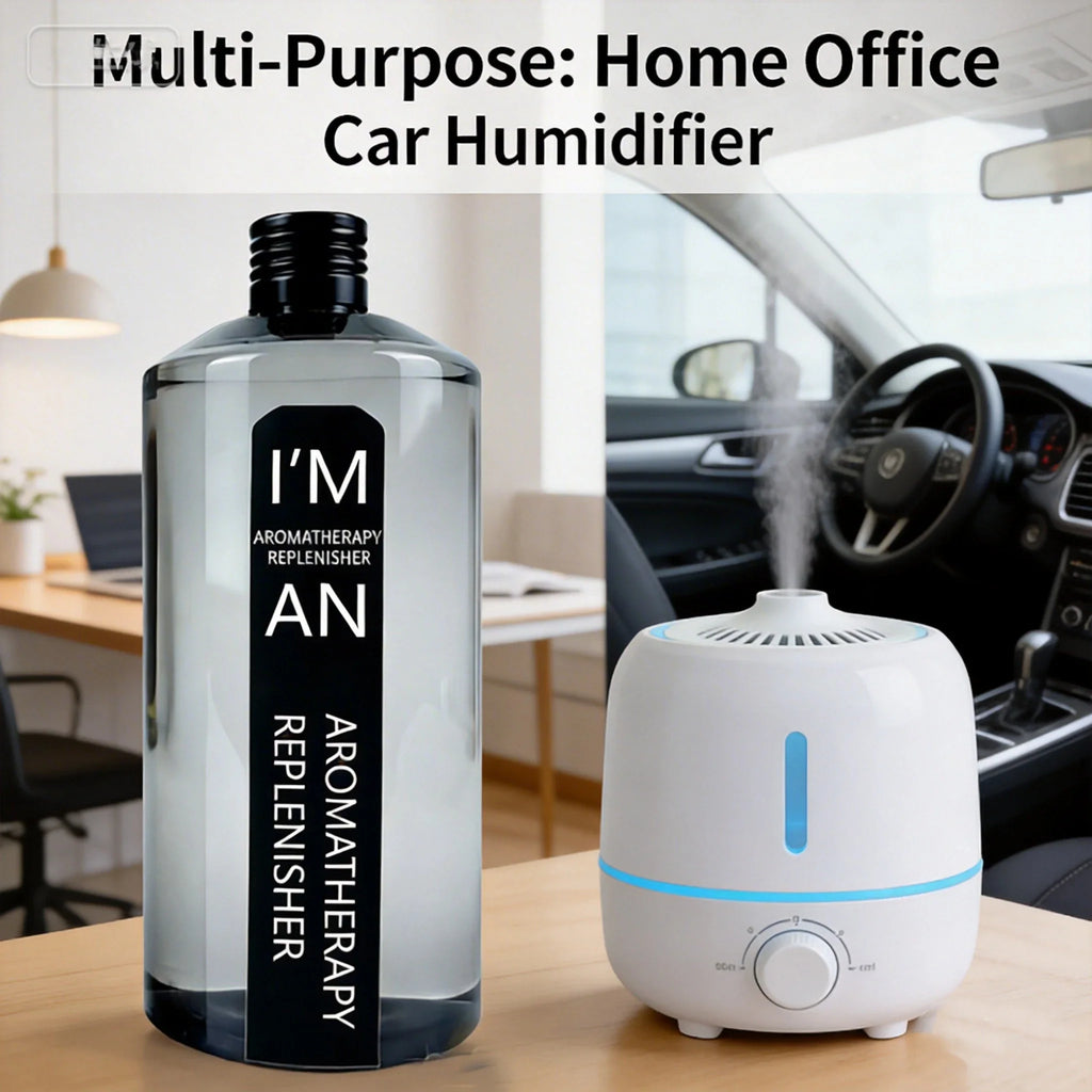 500ml aromatherapy replenisher bottle and white mist humidifier for home, office or car use.
