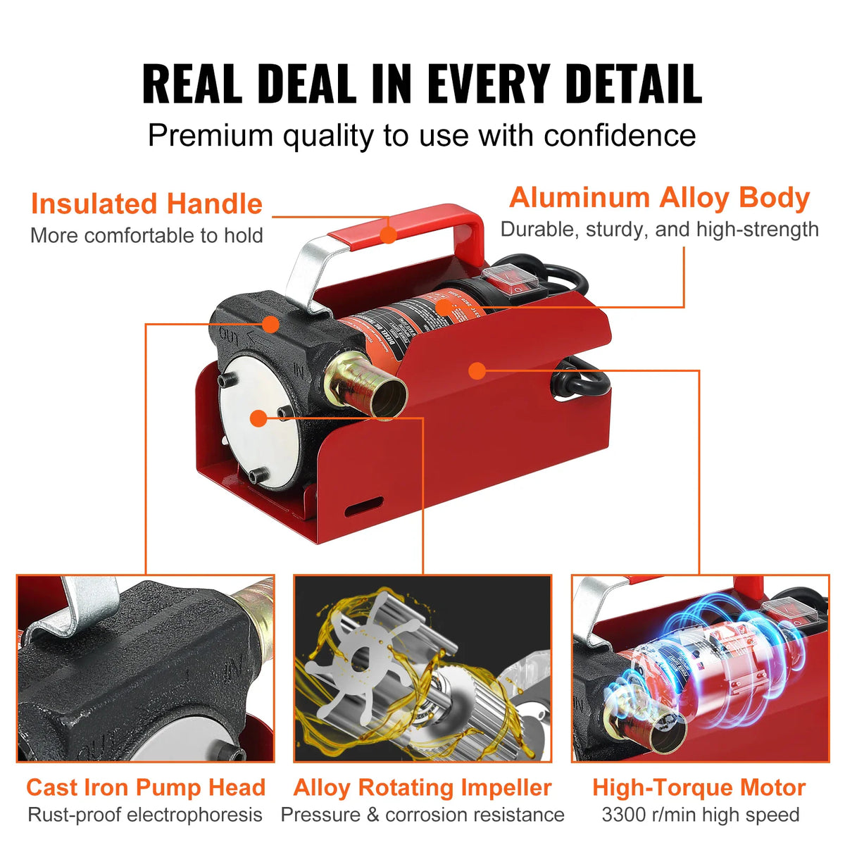 Detailed view of fuel transfer pump components including motor, impeller, and pump head features