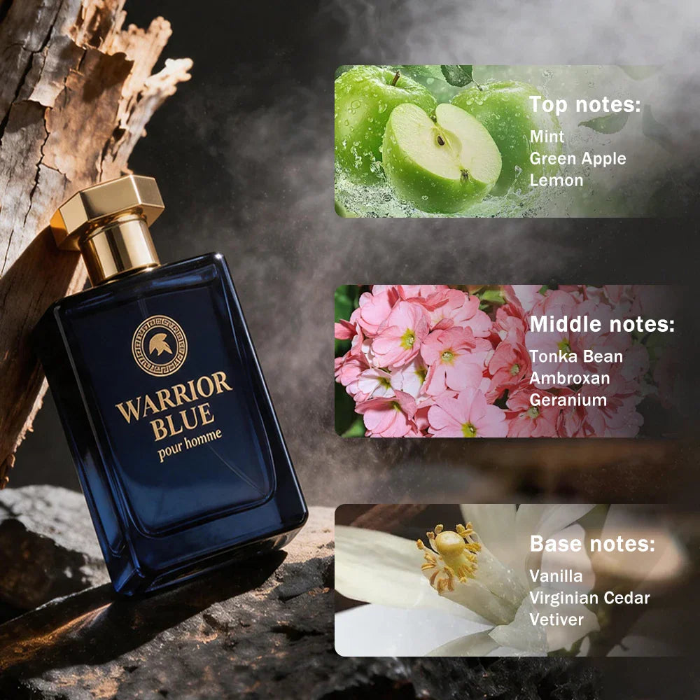 Blue glass perfume bottle next to imagery of apple, flowers and cedar wood