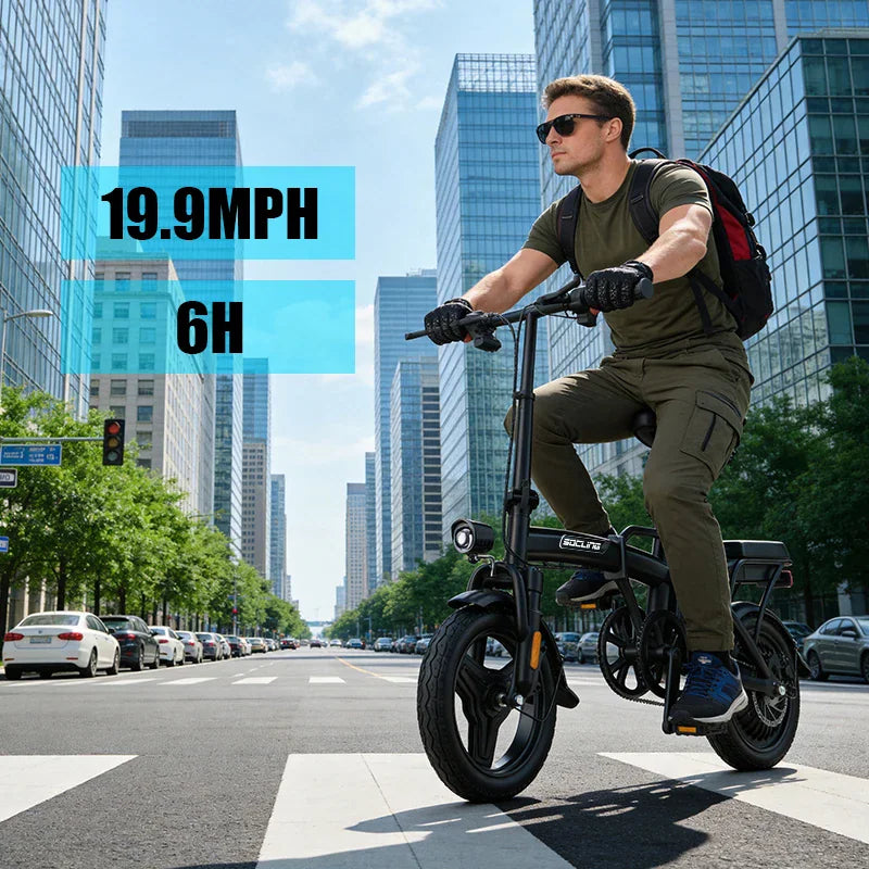 Man riding a black electric folding bike on a city road with speed and duration text overlays