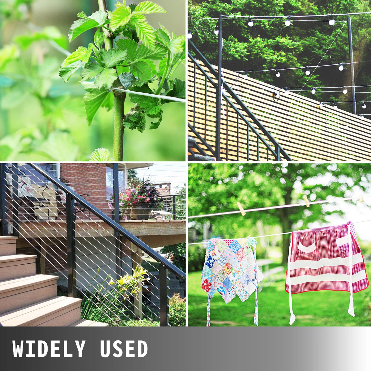 Wire rope used for garden railing, laundry line, and outdoor lights