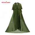 Full length view of a green hooded cape with gold trim on a mannequin